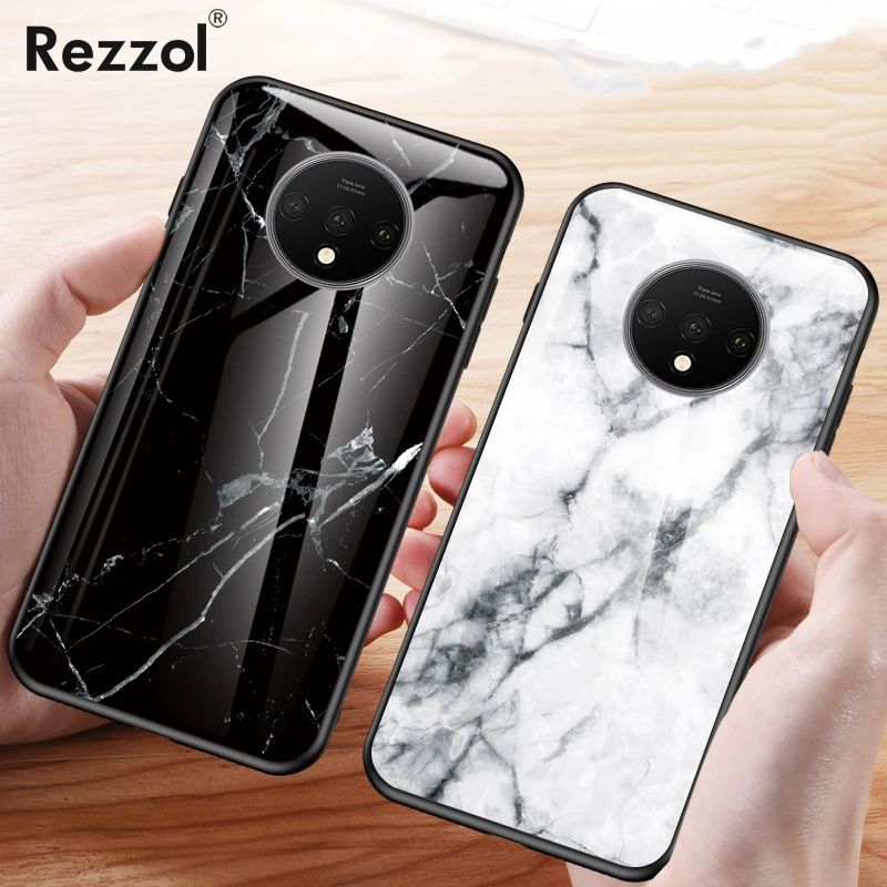 For Oneplus 7T Pro Case Luxury Marble Glass Hybrid Soft Silicone edge Hard Cover Coques |