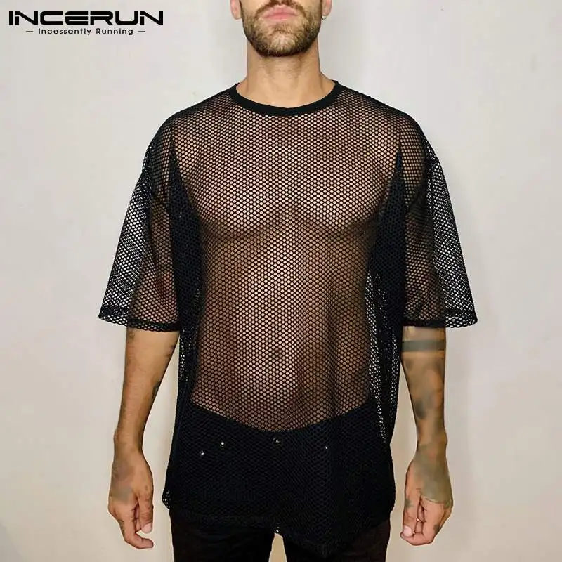 

Men Mesh T Shirt O Neck Streetwear Short Sleeve Summer See Through Casual Sexy Tee Tops 2022 Breathable Camisetas S-5XL INCERUN