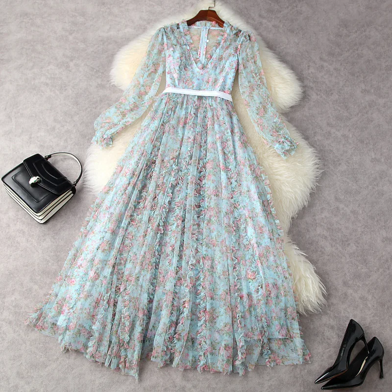 

Summer Women 2021 New Long Sleeved Dress Cute Floral Print V-Neck High Waist French Style Holiday Mesh Dress Ankle Length Blue