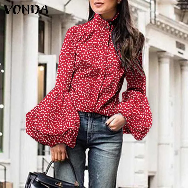 

Puff Sleeve Polka Dot Shirts Elegant Women Tops VONDA Long Sleeved Stand Collar Button Up Blouse Blusas Femininas Plus Size