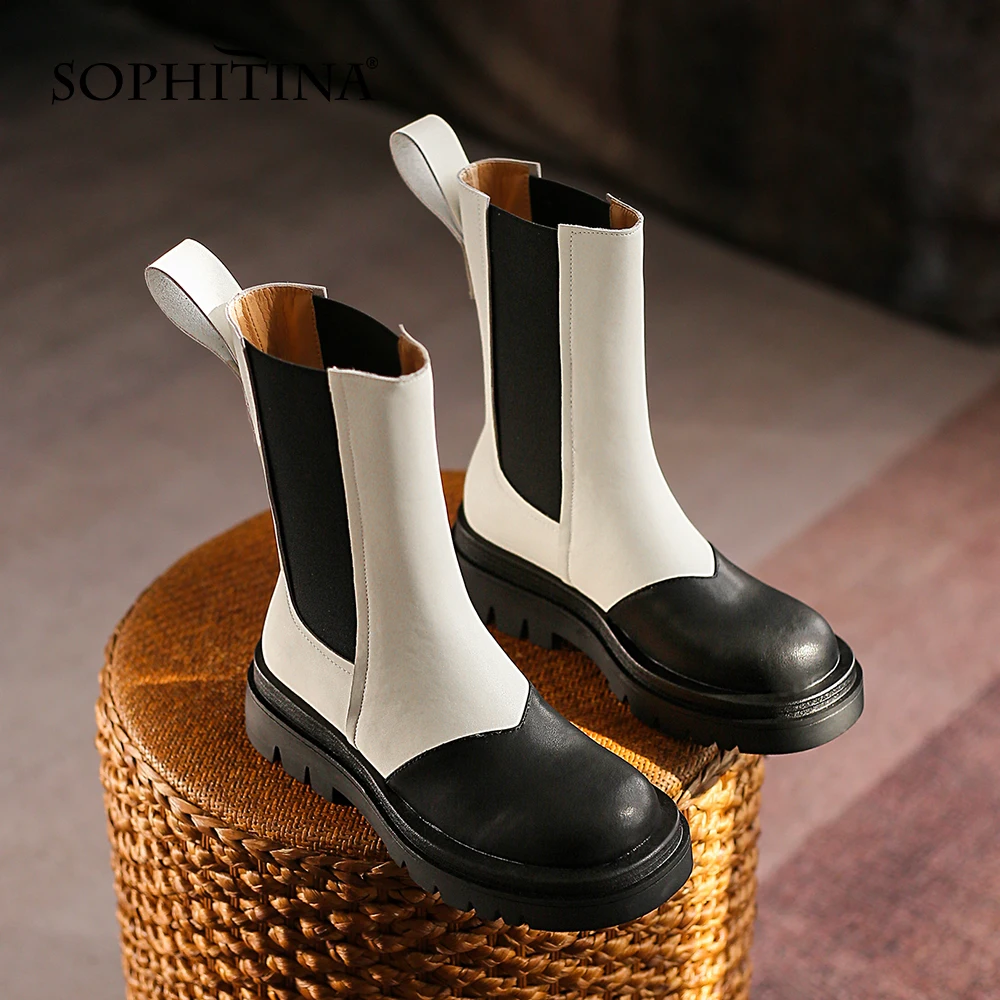 

SOPHITINA Chelsea Women's Boots Color Block Round Toe Commuter Shoes Warm Slip-On Shoes Leather Flat Heel Mid-calf Boots WO693