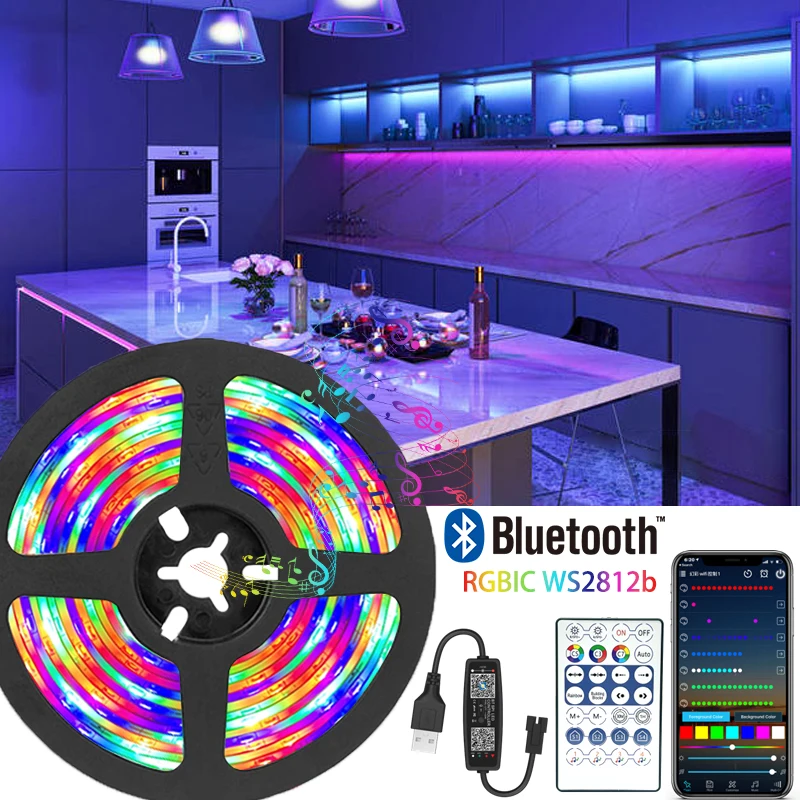 

Светодиодная полоса освесветильник Bluetooth USB 5 В RGBIC WS2812b 1 м-30 м RGB SMD 5050 гибкая лента Диодная лента для ТВ подсветильник Ки комнаты украшение