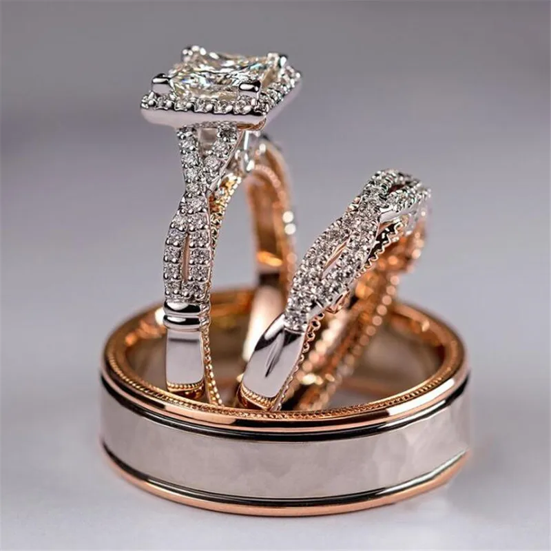 

Top Sell 3PCS Luxury Jewelry 925 Sterling Silver&Rose Gold Fill Princess Cut White Topaz CZ Diamond Party Women Wedding Ring