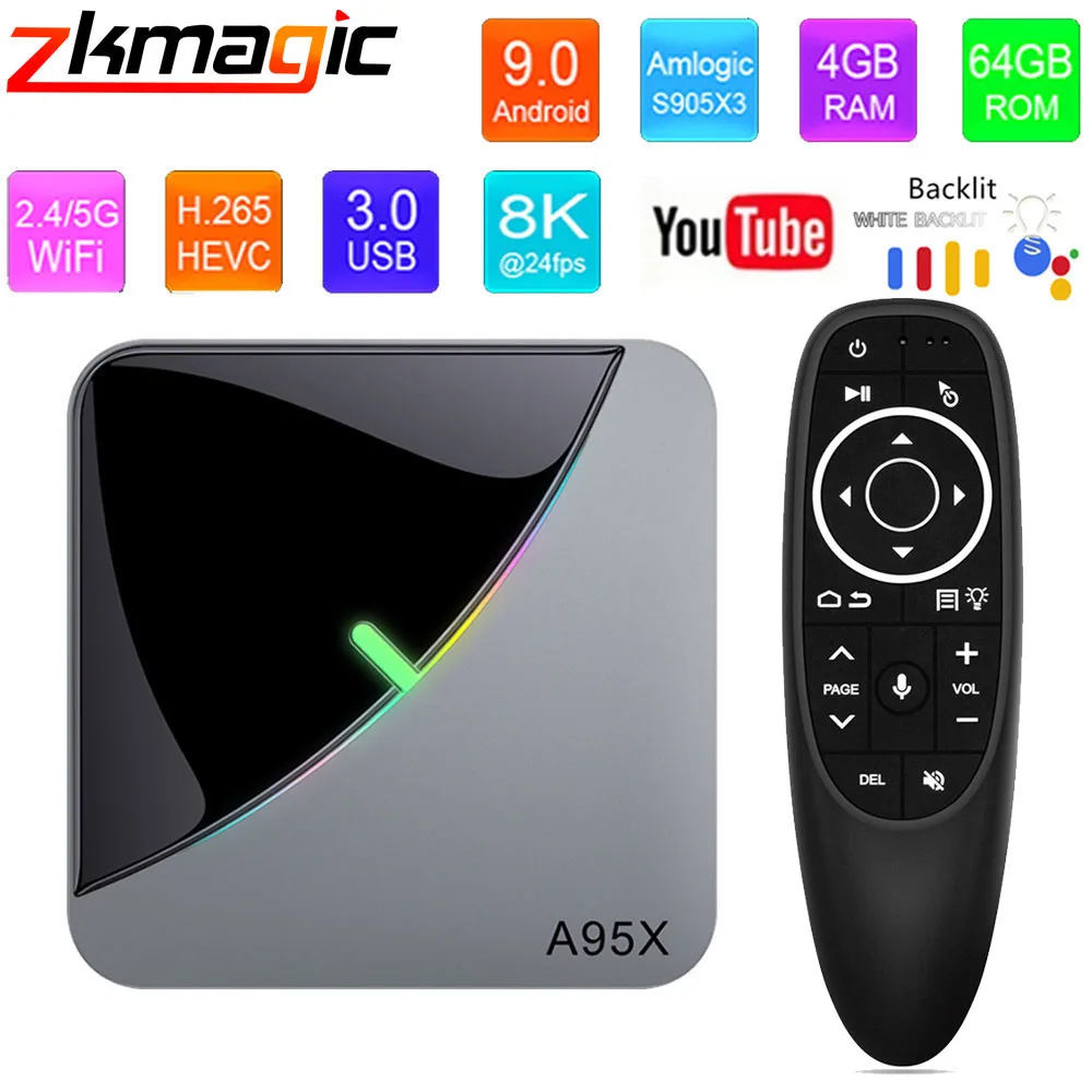 Приставка Смарт ТВ A95X F3 Air Android 9 0 4 + 64 ГБ чип Amlogic S905X3 Wi Fi 2 4/5 ГГц|ТВ-приставки и