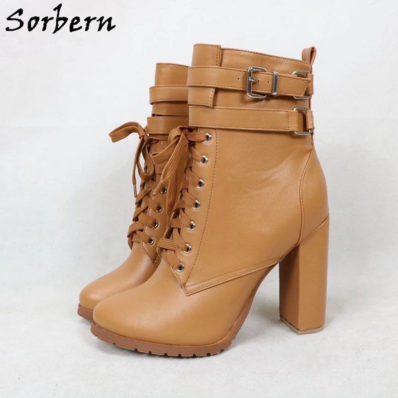 Sorbern Brown Ankle Boots Block High Heel Unisex Mens In Heels Chunky Heel Lady Boy Shoes Plus Size 15 Custom Colors images - 6