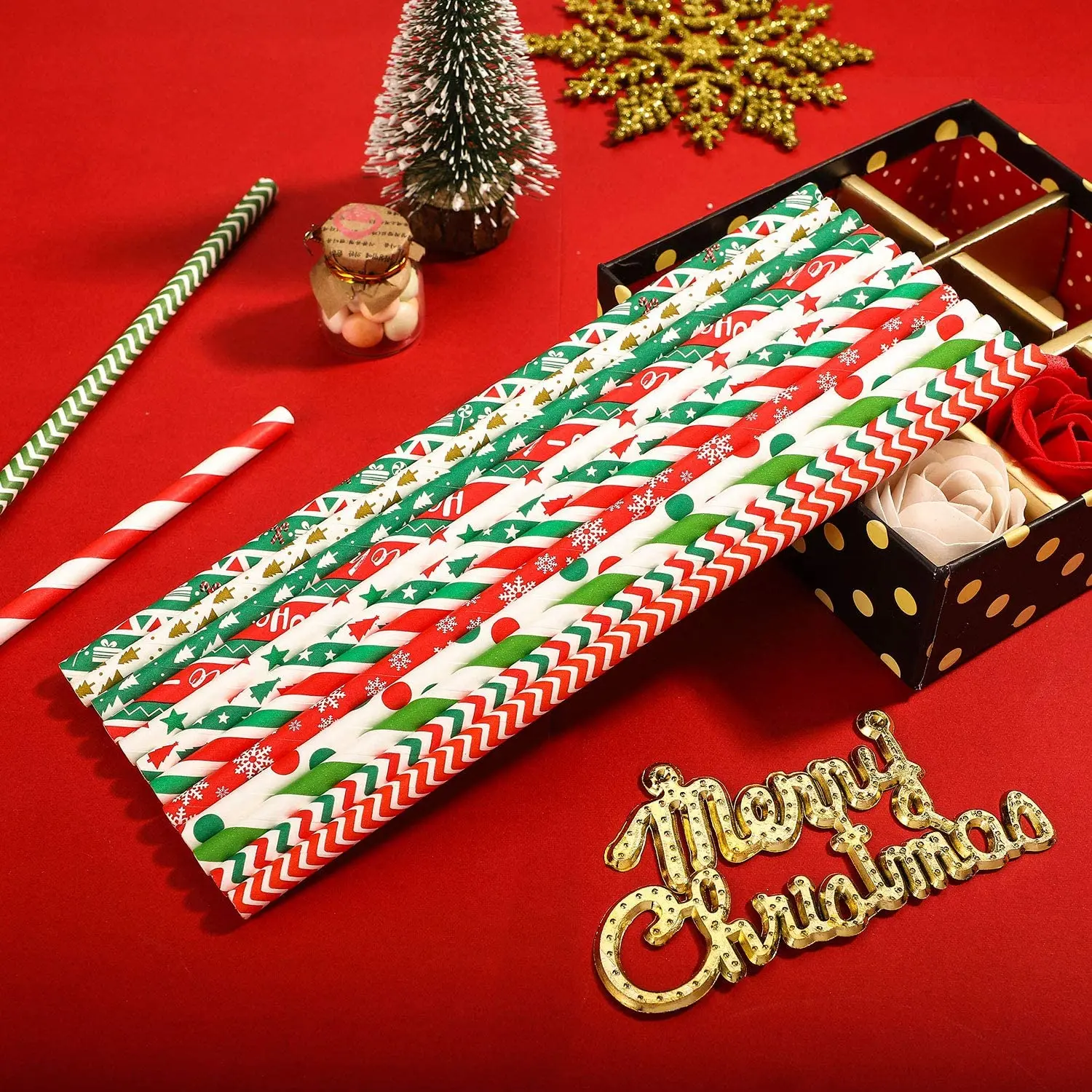 

25pcs Christmas Paper Straws Red Green Snowflake Drinking Straw Merry Christmas Decor for Home 2021 Xmas New Year Party Supplies