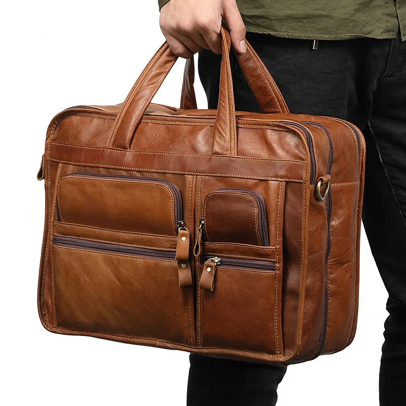 Men's Genuine Leather Briefcase Vintage Business Cow Leather Laptop Bag Messenger Handbag Shoulder Computer Documents Organizer