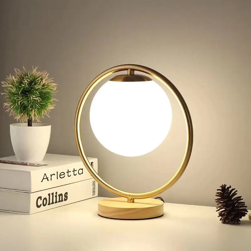 

New Golden Glass Ball Desk Lamp for Living Room Bedroom Study Room Modern Wood Table Reading Light for Office Dormitory