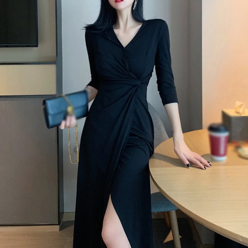 

Feminine V-neck Holiday Dress Slim Waist Split Long Skirt Solid Color Women's Dress Plus Size Dresses Sping And Autumn Fashion
