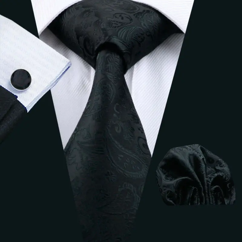 

Mens Tie 100% Silk Barry.Wang New Classic Black Hanky Cufflinks Necktie Ties For Men Formal Business Wedding Party LS-823