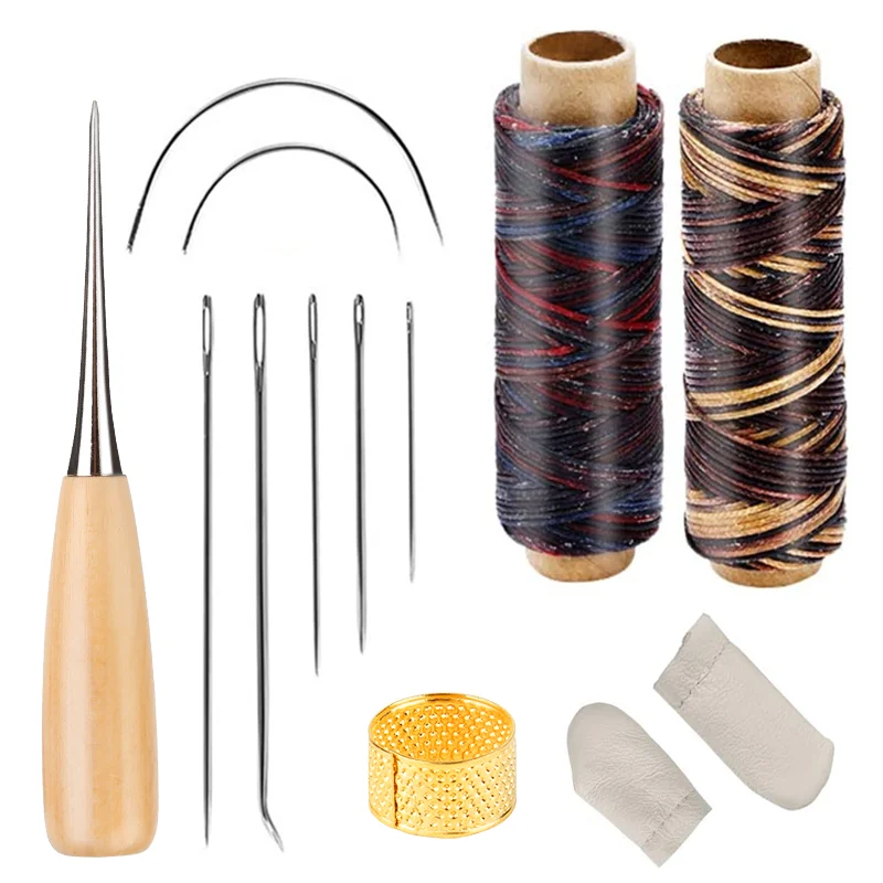 

LMDZ 12 PCS Leather Sewing Tools with Waxed Thread, Large-Eye Stitching Needles and Awl for Leather Sewing Working Crafting