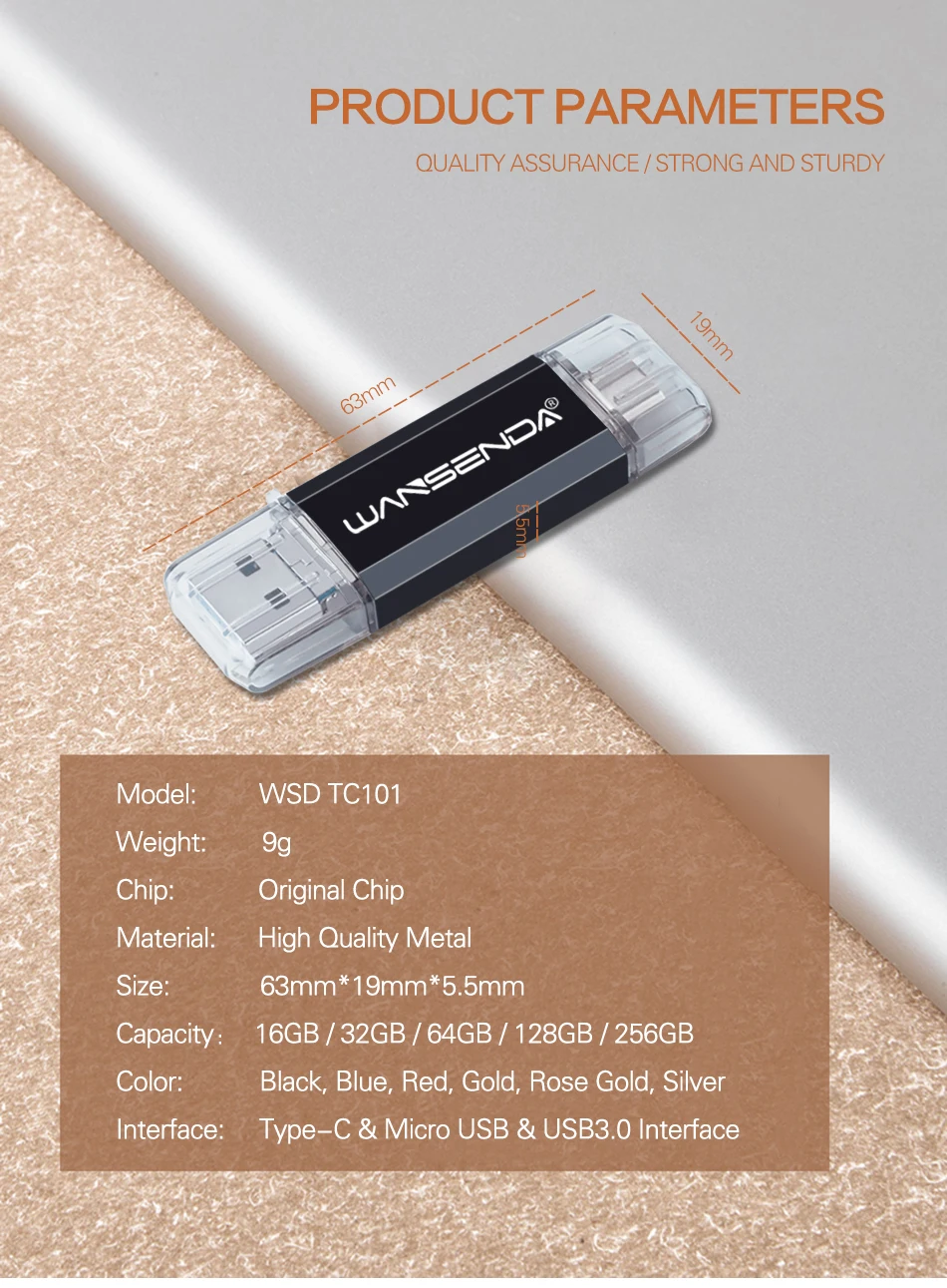 WANSENDA 3 в 1 OTG USB флеш-накопитель USB3.0& Type-C& Micro USB stick 3,0 флеш-накопитель 32 Гб 64 Гб 128 ГБ 256 ГБ флеш-накопитель