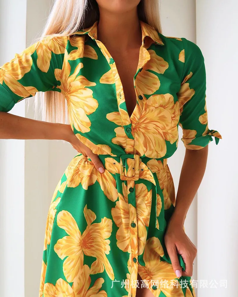 

European and American women's clothing 2021 new spot cross-border summer green floral print casual shirt skirt-belt