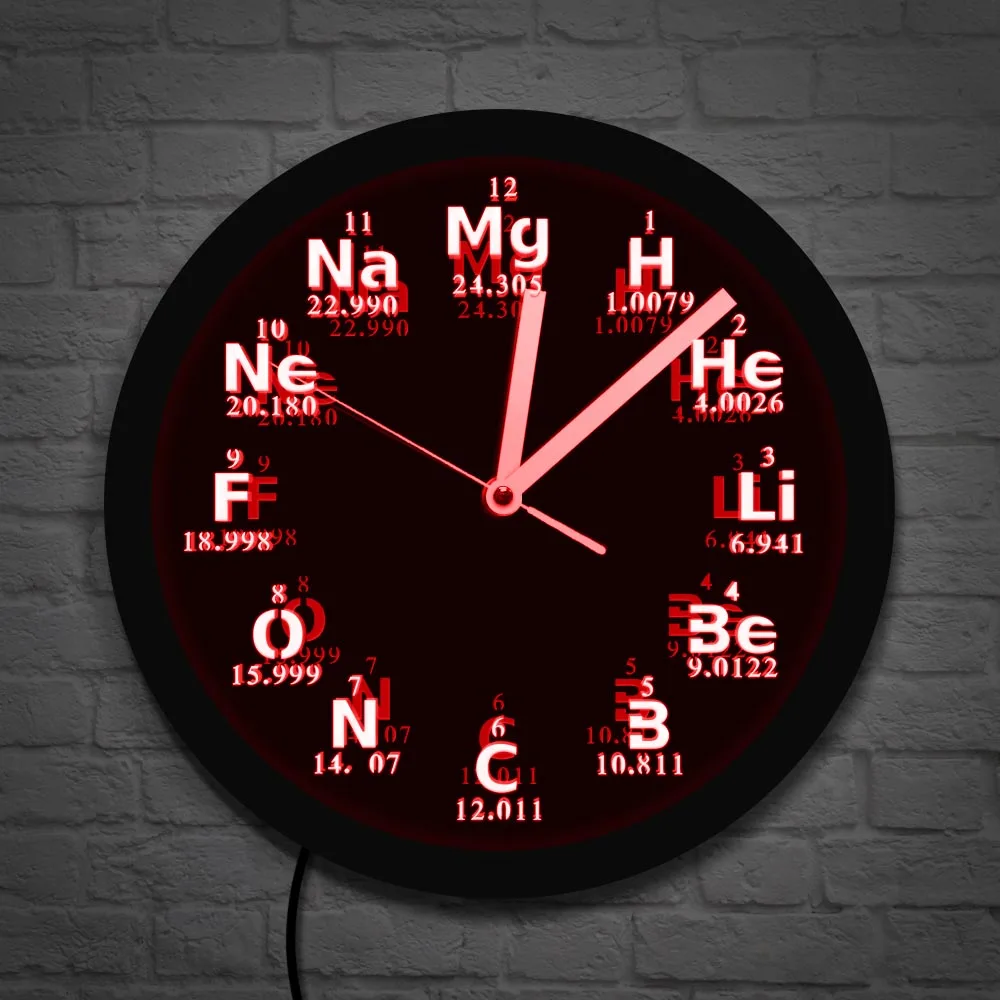 Reloj de pared con elementos químicos, con diseño moderno reloj de pared, iluminación LED de ciencia, regalo para estudiantes de ciencia y química