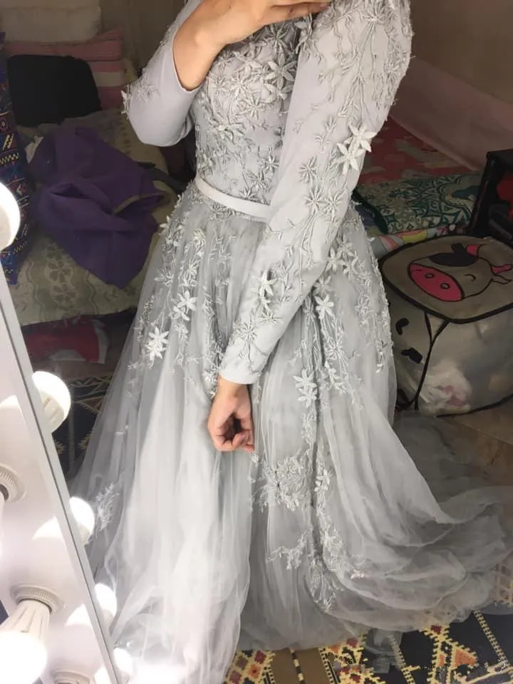 2020 Aso Ebi мусульманские серебряные кружевные вечерние платья с длинным рукавом