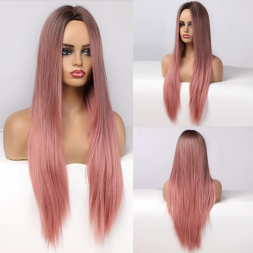 

ALAN EATON Synthetic Wig with Bangs Natural Long Straight Ombre Brown Blonde Cosplay Hair Wigs for Black Women High Temperature