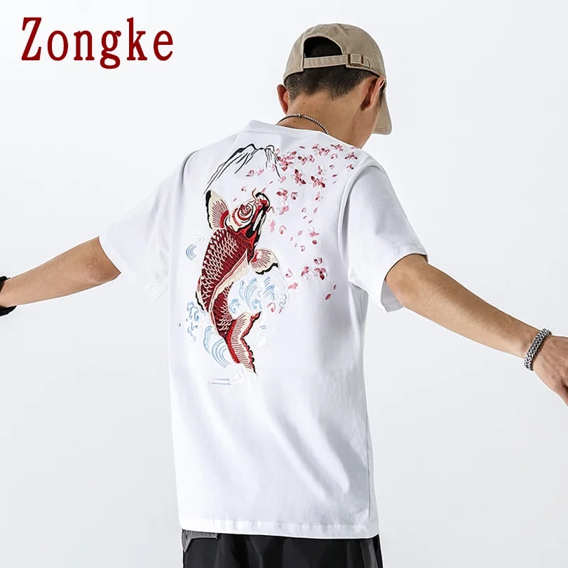 

Zongke Brocade Carp Embroidered Cotton T-Shirt Men Harajuku Streetwear Tshirt Men Clothing Summer Hip Hop 4XL 2021 New Arrivals
