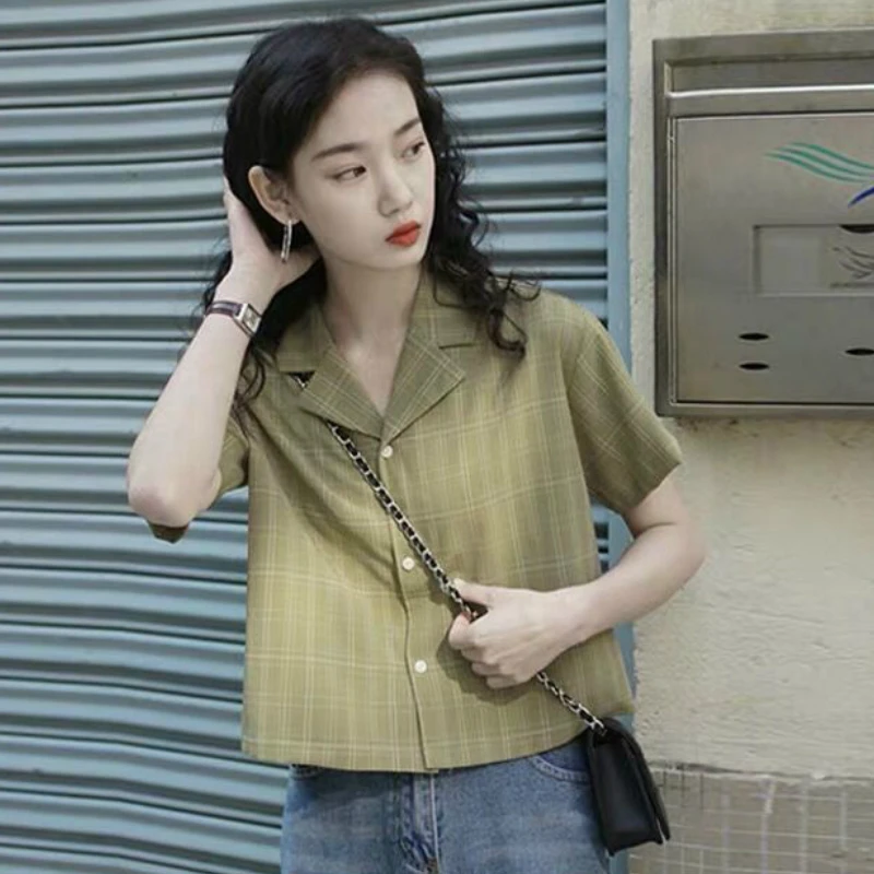 

Zoulv 2021 Loose Casual All-match Basic Thin Single Breasted Fashion Female Chic Women Blouses Plaid Notched Retro Crop Tops