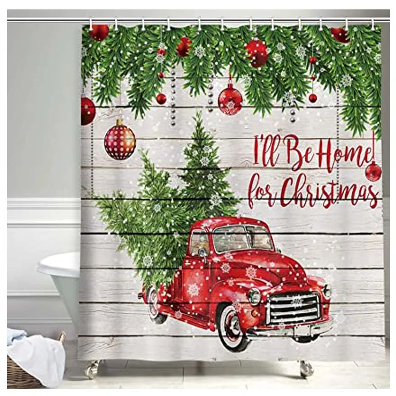 

Merry Christmas Shower Curtains, Colorful Christmas Balls with Pine Fir Tree, Polyester Fabric Red Retro Truck Car Snowflake Xma