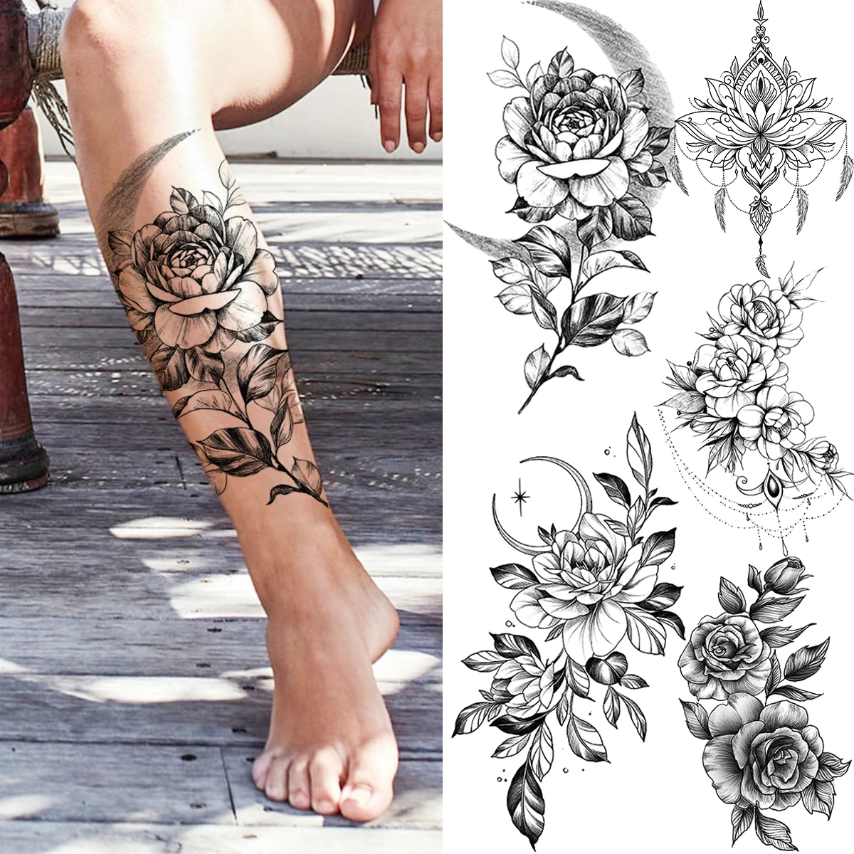 

Large Rose Flower Moon Temporary Tattoos For Women Adult Pendant Peony Lotus Fake Tattoo Calf Thigh Body Art Waterproof Tatoos
