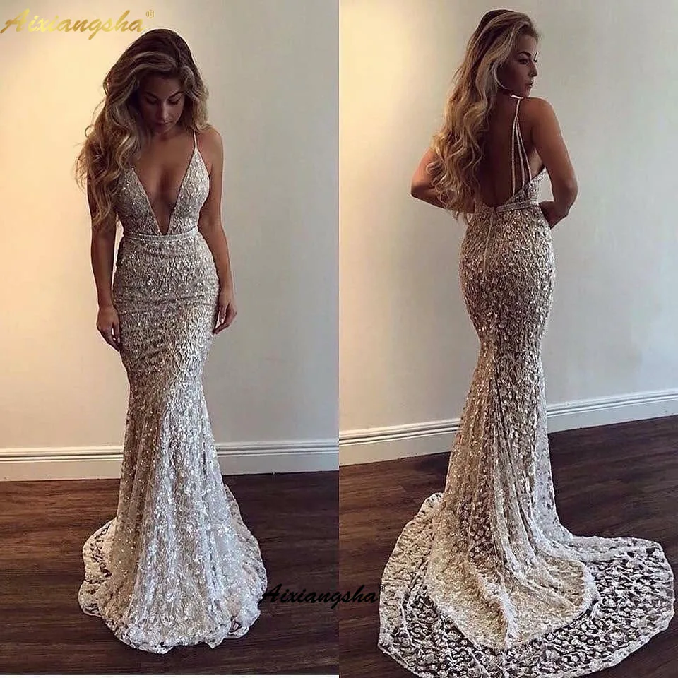 Aixinagsha Длинные вечерние платья без бретелек с блестками кружевное платье