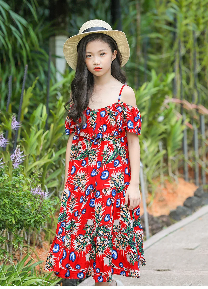 

Girl Crushed Flower Dress Summer Lotus Leaf Side Sling Princess Dress Girls Clothes Kids Clothes