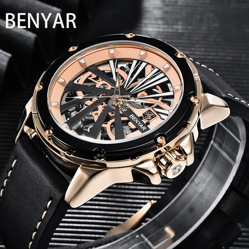 BENYAR Men Watch 50M Waterproof Stainless Steel Watch Men Mechanical Wristwatches Skeleton Military Leather Watches reloj hombre