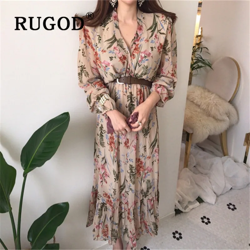 RUGOD Spring Boho Chic Retro Chiffon Korean Floral Maxi Dress Women Elegant Sweet Tops Casual Ladies Dresses Woman Party Night | Женская