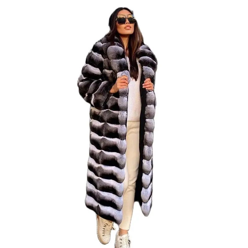 120CM Long Natural Rex Rabbit Fur Coat For Women Winter New High Quality Full Pelt Rex Rabbit Fur Coats Chinchilla Color Outwear