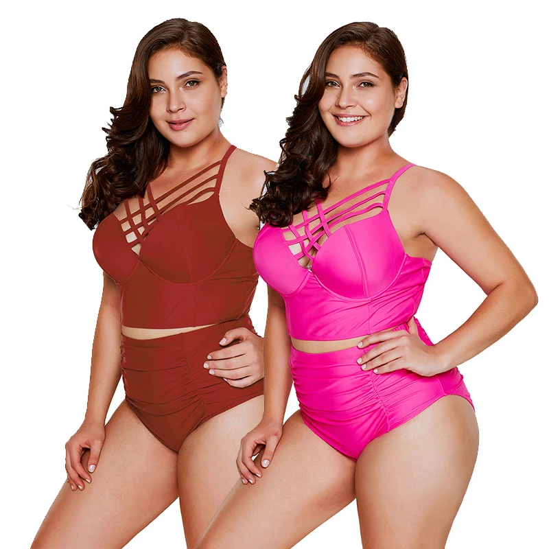 

Hot Selling Summer Strappy Neck High Waist Swimwear Women Plus Size Two Piece Swimsuit