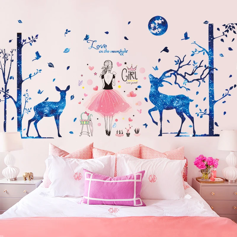 

[SHIJUEHEZI] Blue Deer Trees Wall Stickers DIY Cartoon Girl Mural Decals for Kids Bedroom Nursery Living Room House Decoration