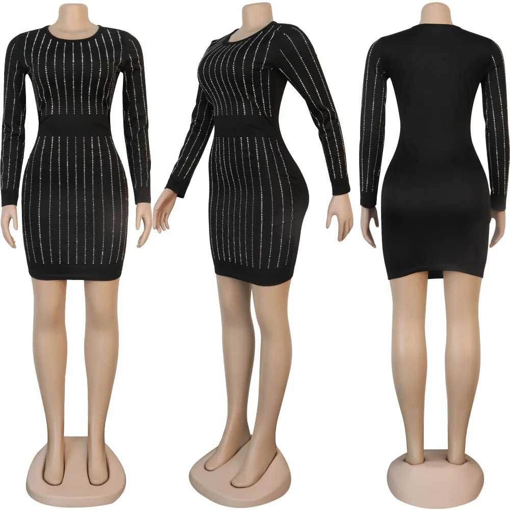 

FNOCE autumn women's dresses fashion trends sexy nightclub solid long sleeve o-neck slim tight bag hip elegant mini dress