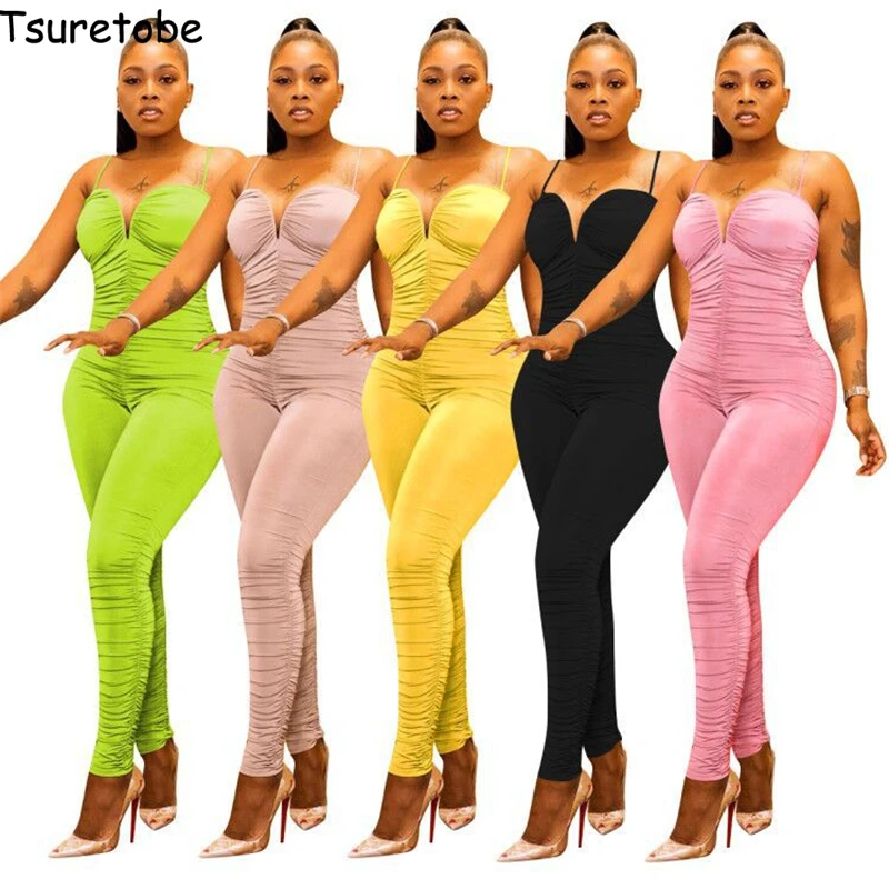 

Tsuretobe Sexy Stacked Jumpsuit Women Off Shoulder Rompers Backless Spaghetti Strap Club Outfits Skinny Party Overalls Female