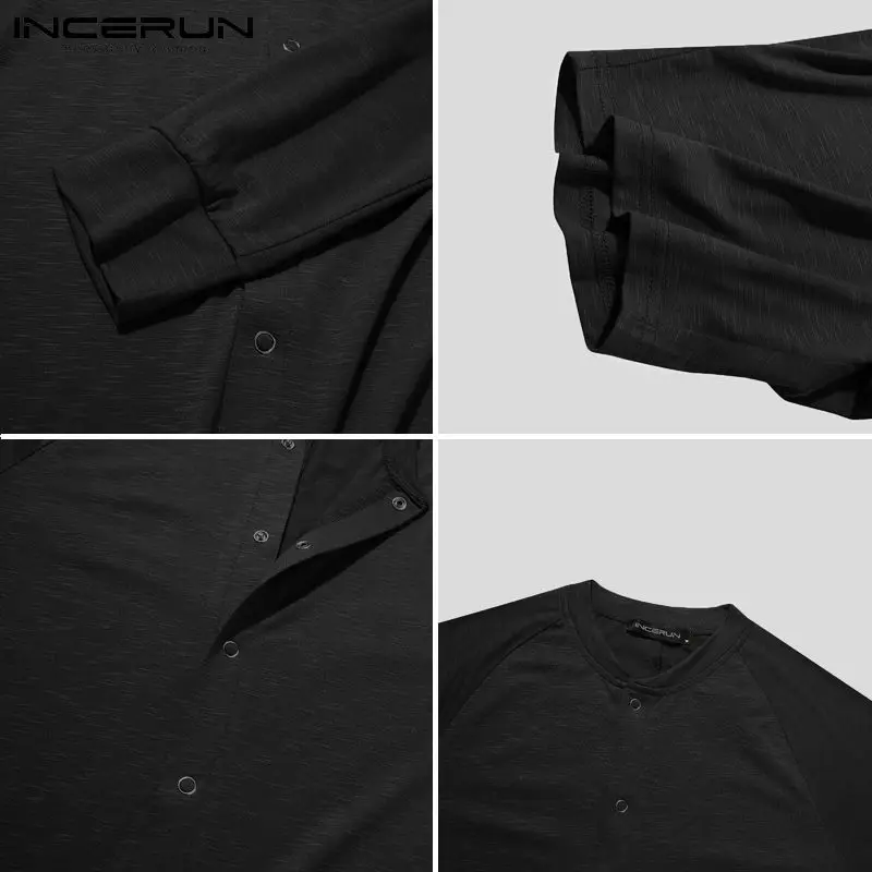 

Man Fitness Shorts Homewear Jumpsuit INCERUN Men Solid Color Onesies 2021 Leisure Long Sleeve V Neck Button Romper Pajamas S-5XL