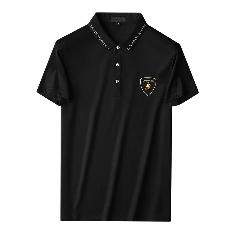 

2021 summer high end double faced silk seamless short sleeve polo shirt men's business leisure light luxury solid color Lapel