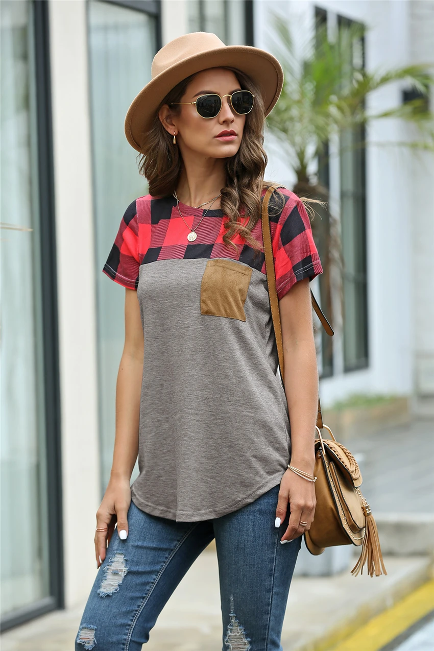 Футболка женская в клетку с карманами повседневная хлопковая рубашка коротким