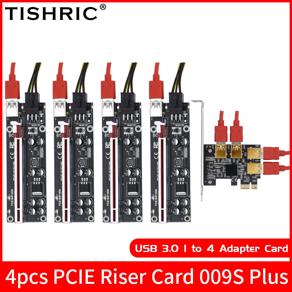 

TISHRIC PCI-E PCIE Riser Card 1 to 4 USB 3.0 Adapter Card Multiplier HUB PCI Express Riser 009S Plus Riser PCIE x16 For Mining