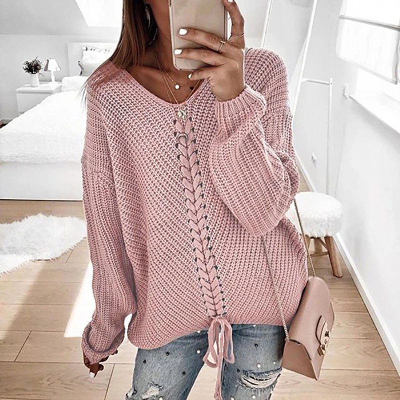

Sweater Women Autumn Winter Long Sleeve Lace-up Sweater Elegant Sexy Neck Solid Knitwear Lady Fashion Streetwear Pullovers
