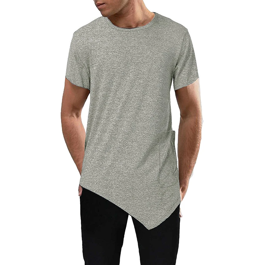 

Men's Short Sleeve Silm Fit T-Shirt Male Side Pocket Hipster Streetwear T-Shirt Longline Hip Hop Irregular Hem Top Homme Tees