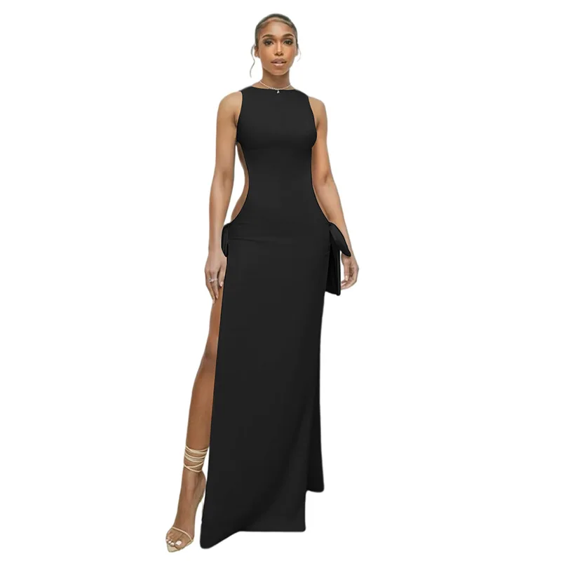 

Autumn Women's Hollow Out Solid Color Long Dress Casual Slim O-Neck Sleeveless High Slit Maxi Dress Female Party Club Daily Wear