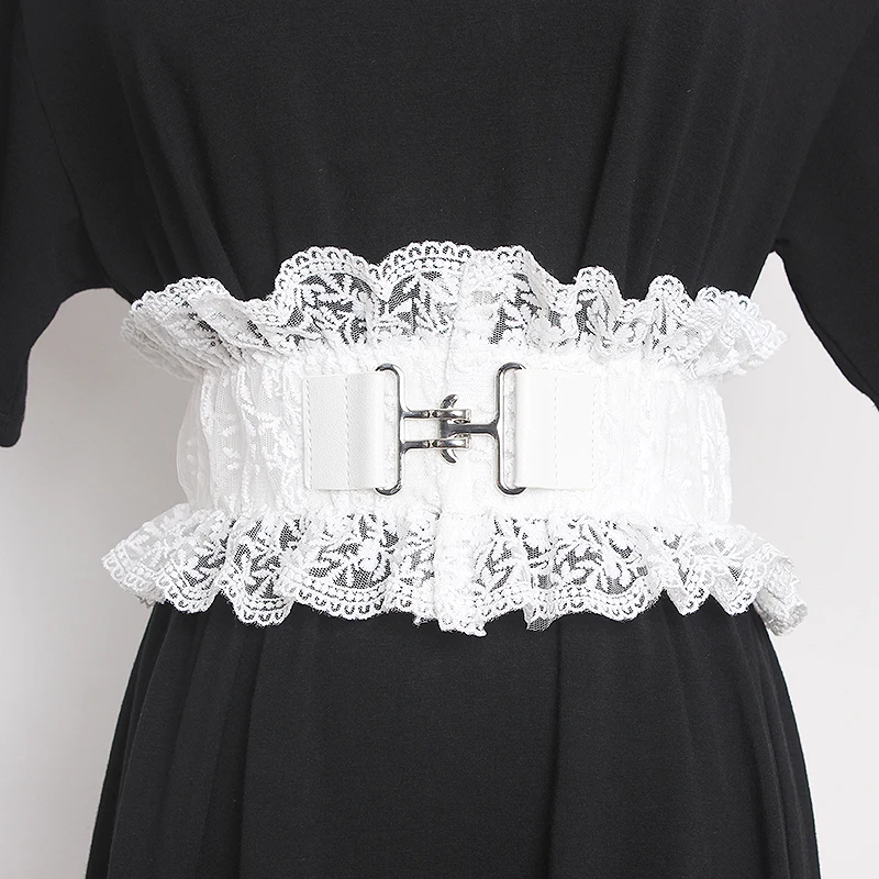 

Black White Lace Wide Elastic Hook Buckle Strech Strap Women Hollout Out Flower Pattern Girls Waist Belt Spring Dress Belt 2021