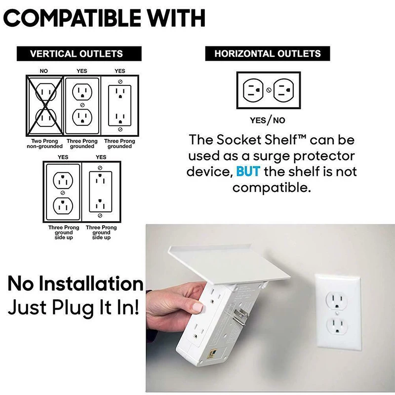 New Phone Honlder Switch Socket Rack Socket Shelf 6 Electrical Outlet Extenders Surge Protector Wall Outlet 2 USB Charging Ports