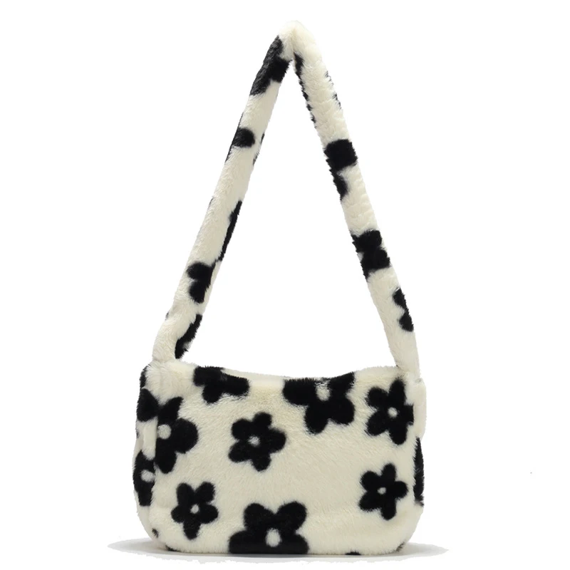 

2021 Winter INS Fashion Women Plush Flower Pattern Shoulder Bags Female Underarm Bags Faux Fur Handbag Furry Fluffy Tote Bags