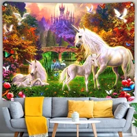 unicorn castle tapestry bedroom hippie bohemian style oil painting psychedelic horse cute home door curtain decor wall hanging
