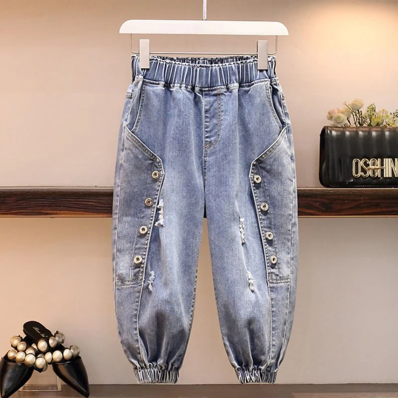 

Summer Fashion Women Elastic Waist Loose Calf-length Denim Harem Pants Button Design All-matched Casual Jeans Plus Size M85