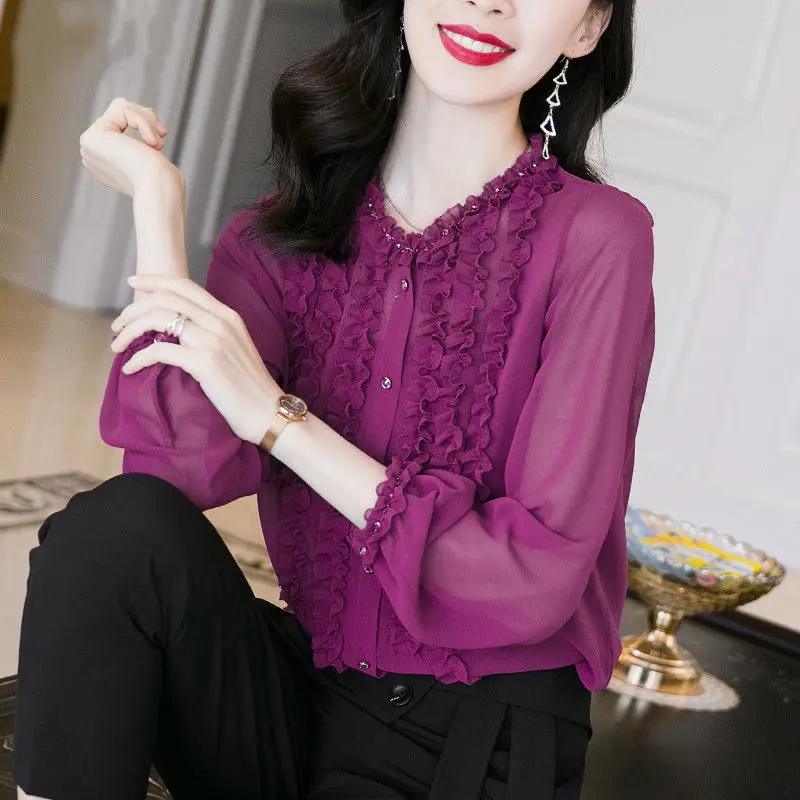 

Chiffon shirt women's spring 2021 new fashion wood ears beaded round neck temperament long-sleeved all-match blouse