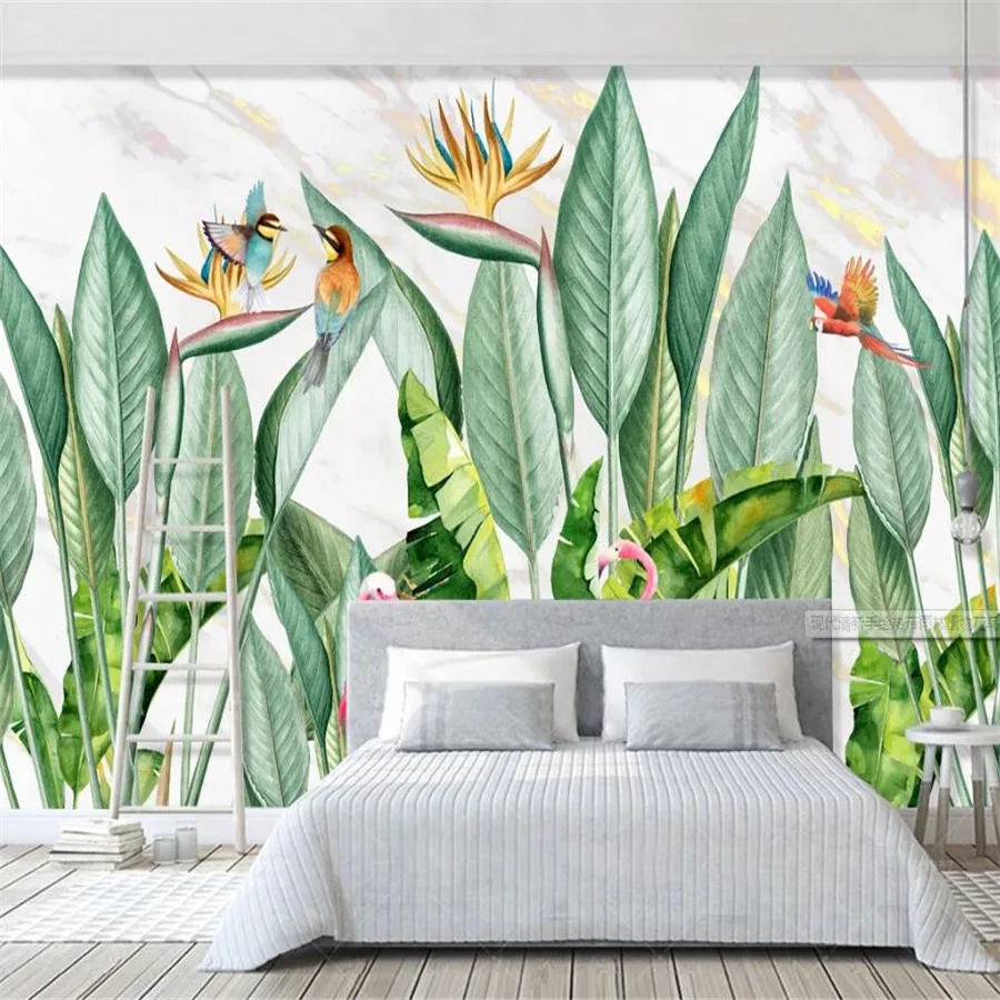 

3D обои на заказ, современные, ручная роспись, тропический лес, растения, цветы и птицы, фон для украшения стен