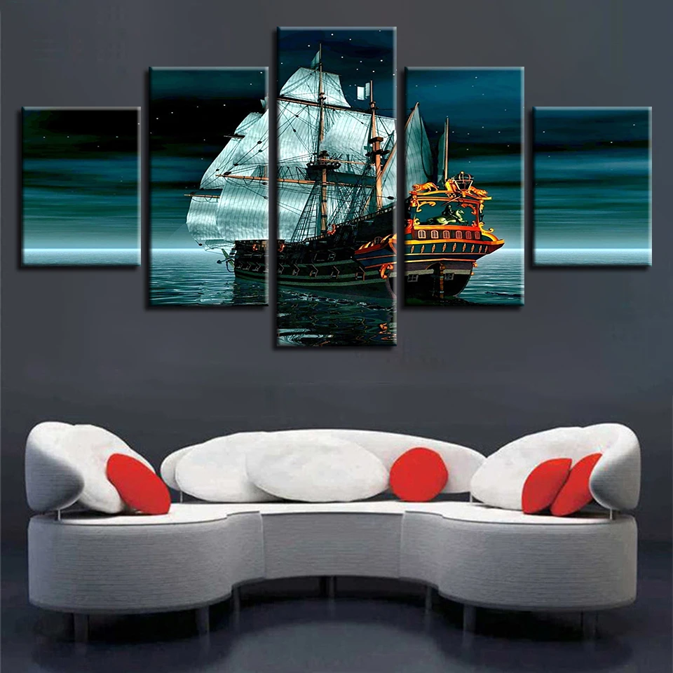 HD Print On Canvas Paintings Modern Home Decor Wall Art Pictures Sailling Boat Starry Sky Landscape Posters For Living Room | Дом и сад
