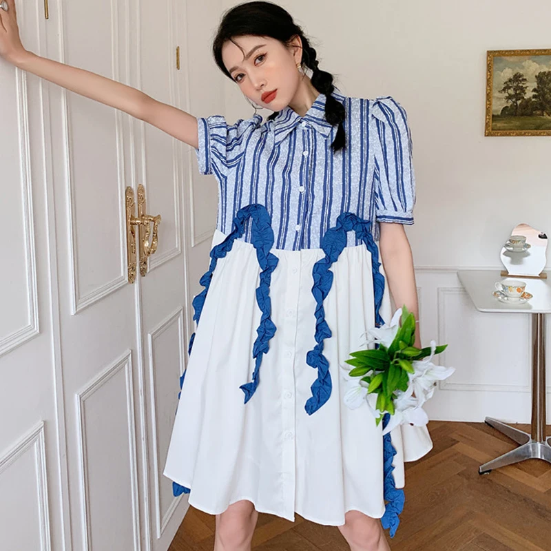 

2021 Summer Women's Fake Two Piece Set Blue Vertical Striped Ruffle Puff Sleeve Dress Patchwork Button Up Shirt Dresses Female