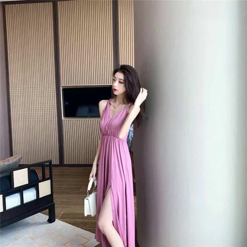 

Summer 2021 Runway Elegant Korean Backless Sleeveless Dress Casual Party Night Honeymoon Vacation Women Long Modal Slip Dresses